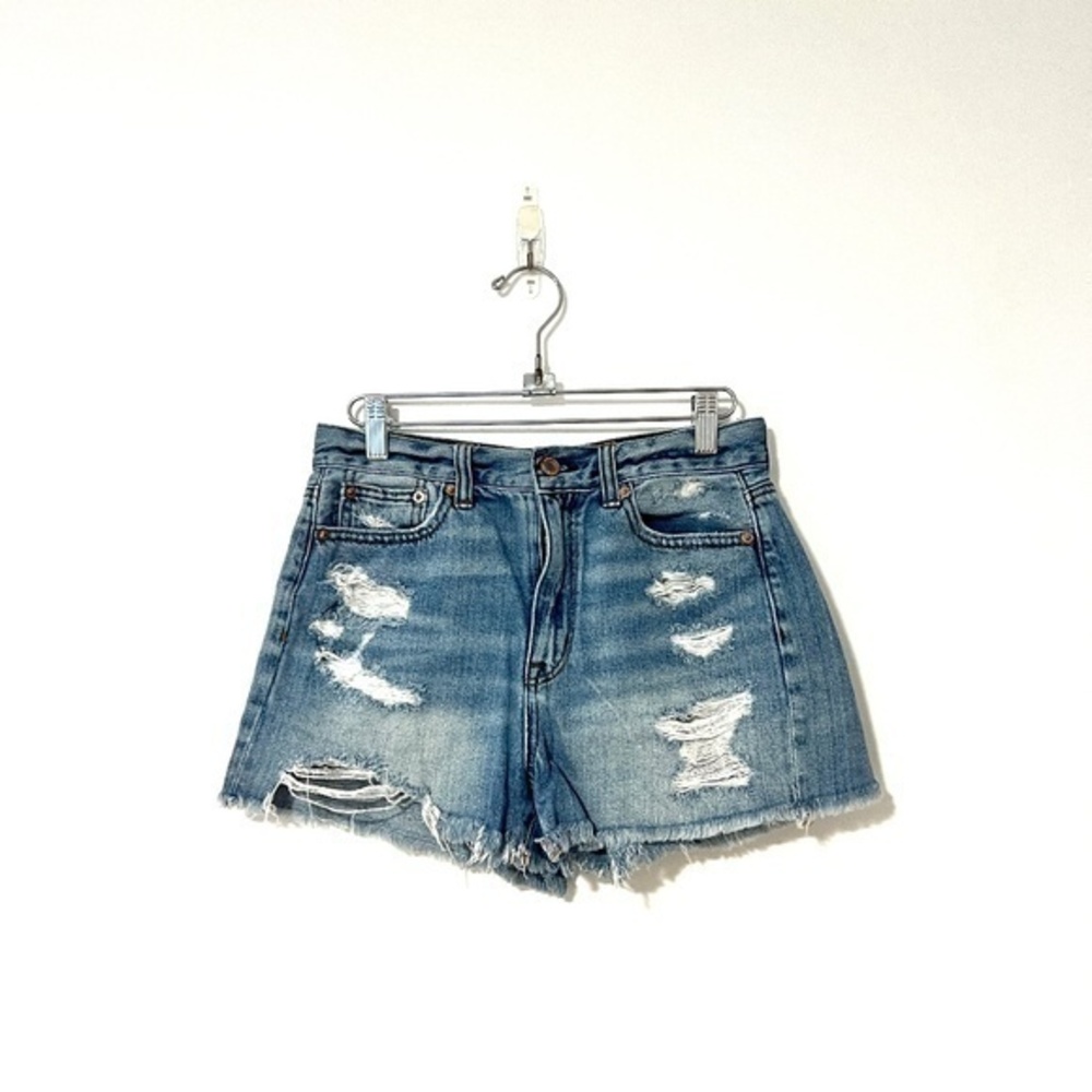 American Eagle Outfitters High Waisted Blue Distressed Denim Mom Short sz 2